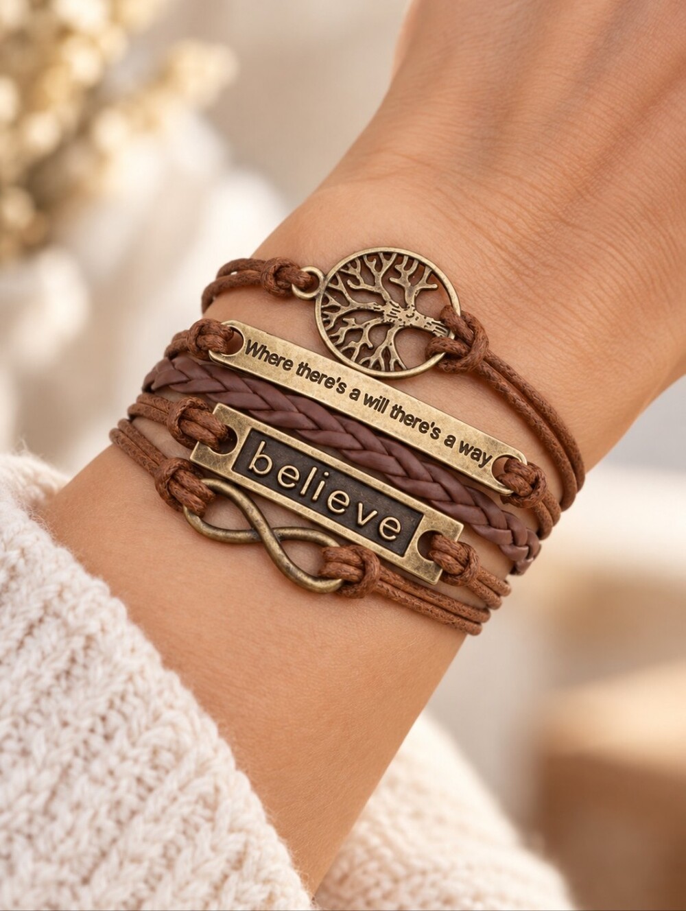 Boho Tree of Life Believe Infinity Layered Leather Bracelet Brown #10